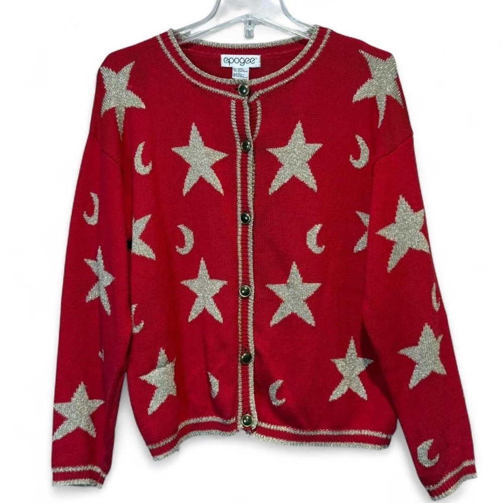 Epogee Celestial Star Cardigan Sweater Red Gold L